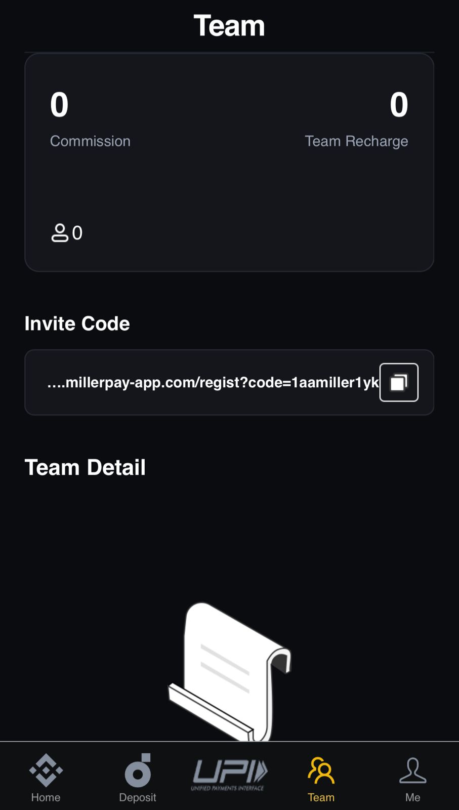 Miller Pay team screen with invite code and commission summary