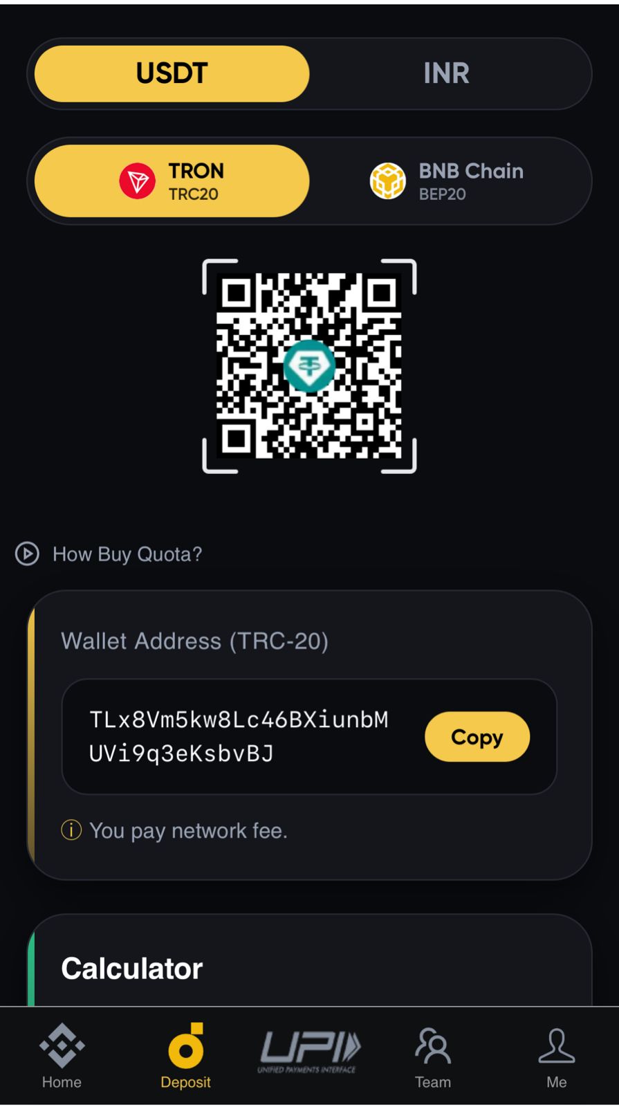 Miller Pay USDT deposit screen with TRC20 wallet address and QR code